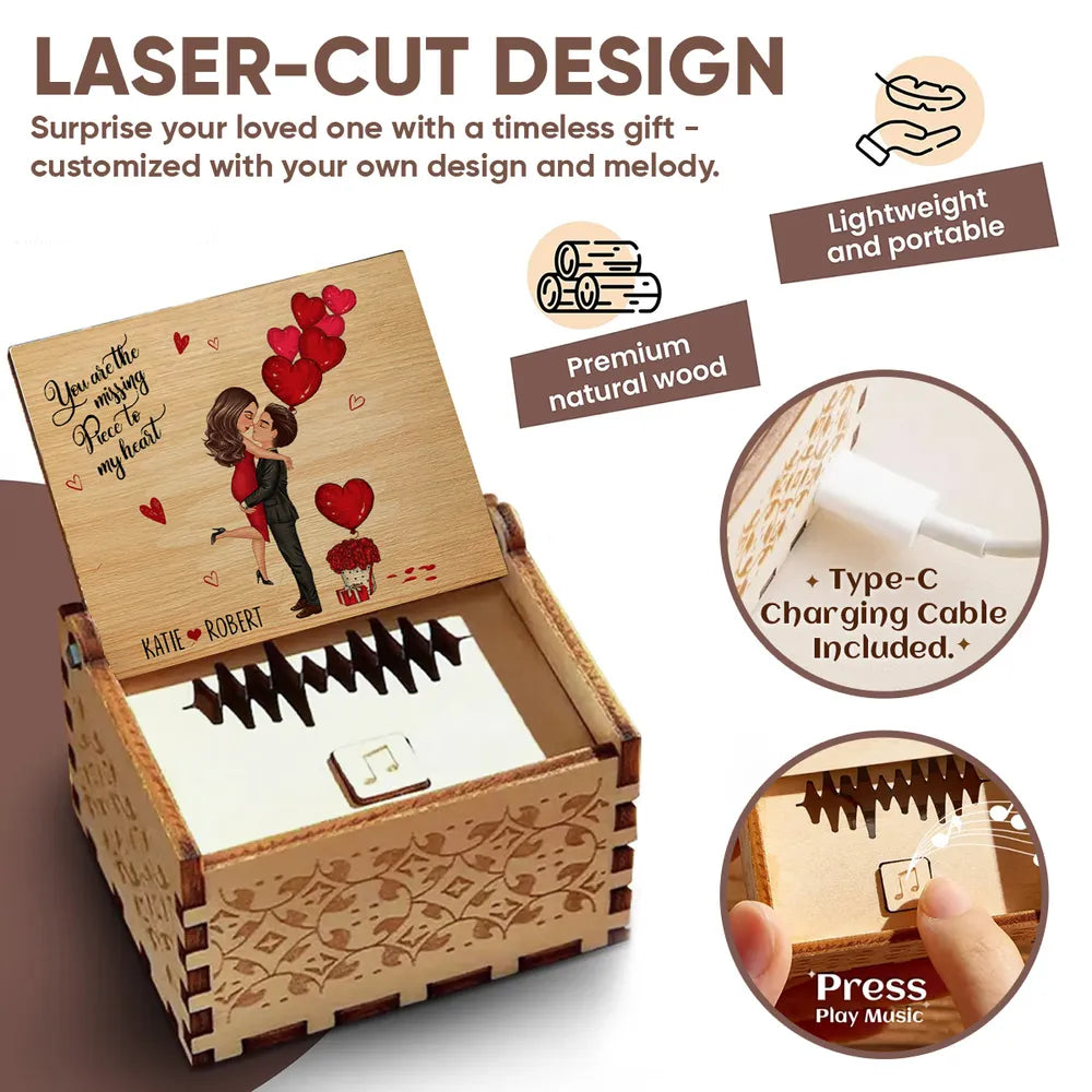 Personalized Wooden Music Box with Kissing Couple & Hearts Romantic Unique Gift for Him or Her