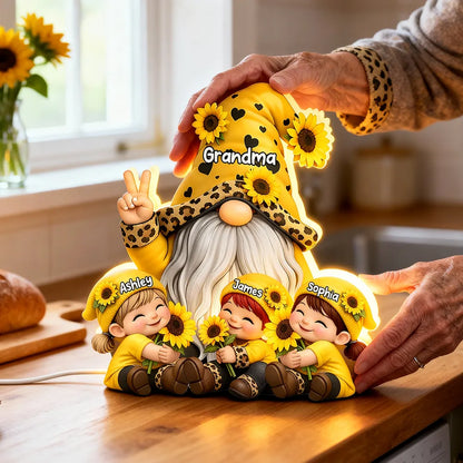 Personalized Grandma Gnome Acrylic Light Box With Sunflowers, Warm Glow Night Light, Unique Gift for Grandma