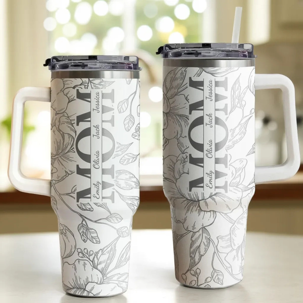 Floral MOM Personalized 40oz Tumbler with Handle for Coffee and Water on the Go, Thoughtful Gift for Mom