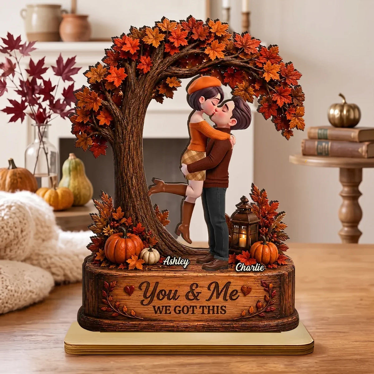 Custom 2-Layer Wooden Plaque with You & Me Message, Autumn Couple Decor, Unique Creative Gift for Partner