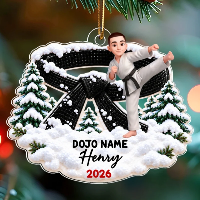 Personalized Karate Acrylic Ornament, High Kick in Snowy Pines, Unique Christmas Gift for Young Martial Artists