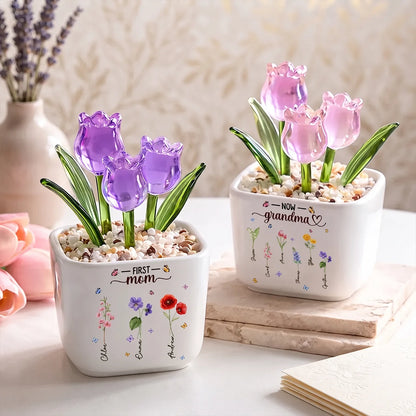 Personalized Square Glass Planter with Birth Month Tulips, Unique Creative Gift for Grandma
