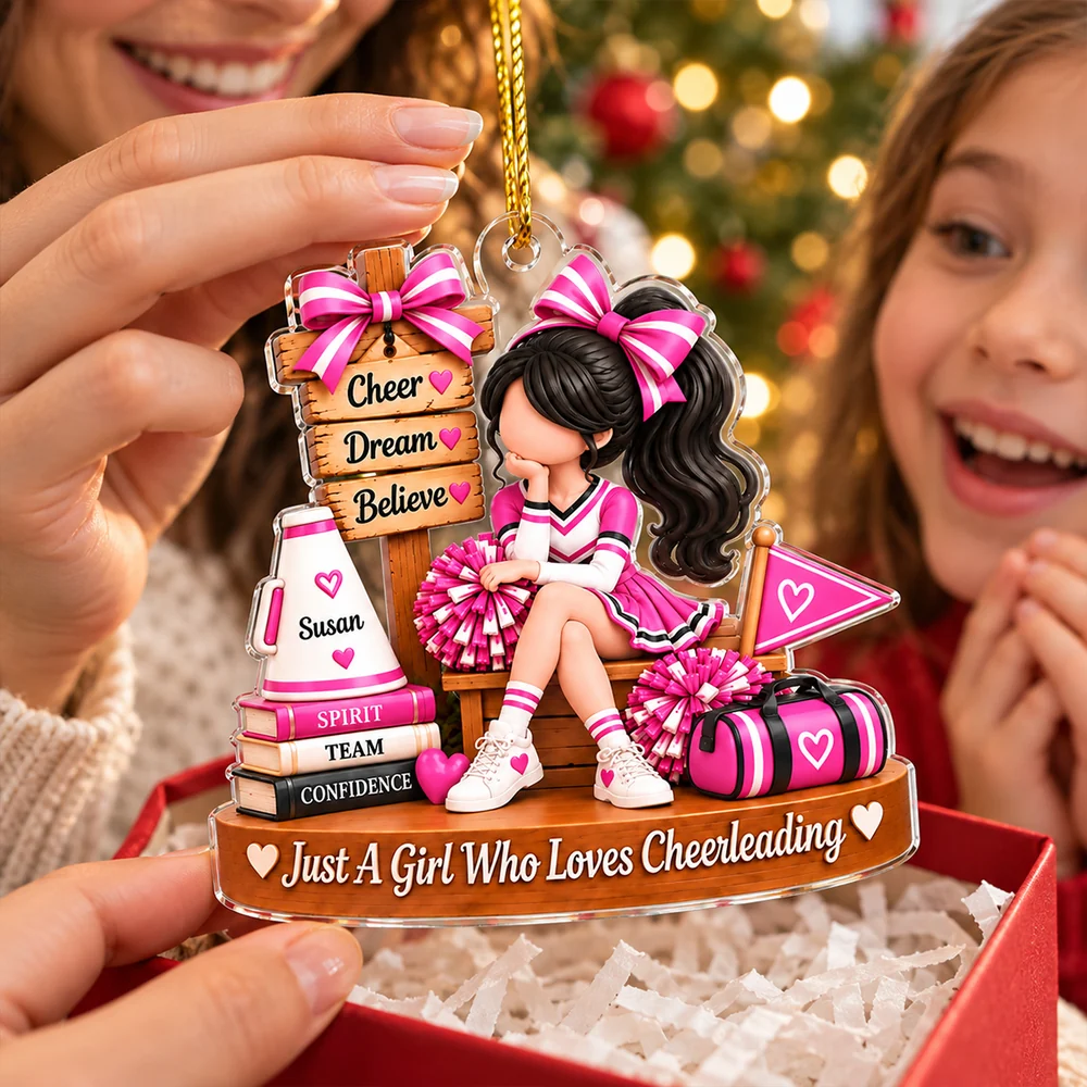 Personalized Acrylic Ornament, Seated Cheerleader with Pom Poms, Unique Christmas Gift for Daughter or Granddaughter