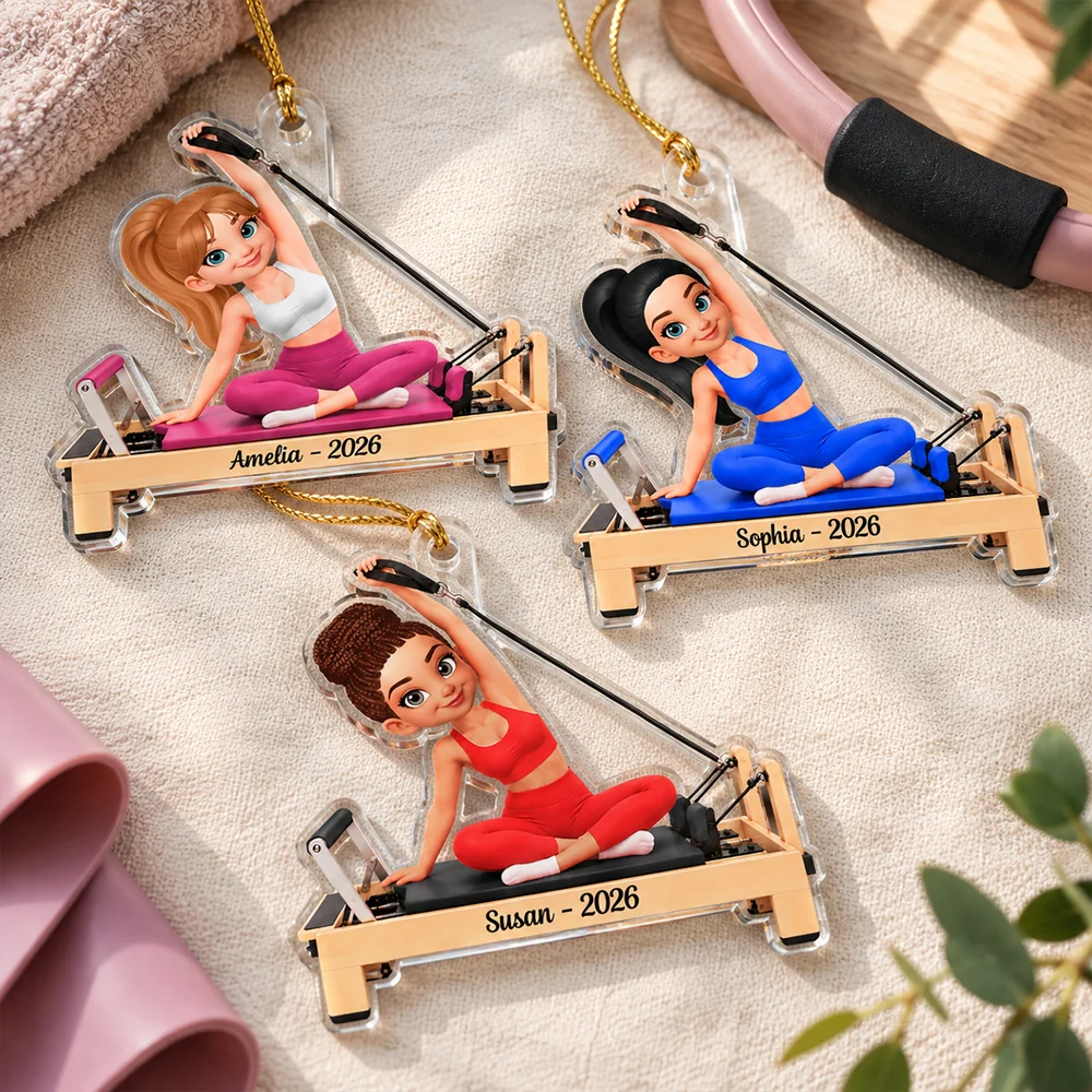 Personalized Pilates Girl Acrylic Ornament, Custom Reformer Scene, Unique Christmas Gift for Pilates Lovers
