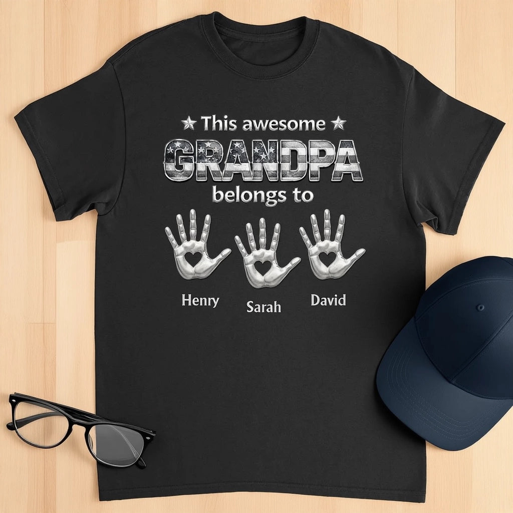 Grandpa Belongs To Us Classic Tee, Custom Heart Handprints, Creative Gift For Grandpa