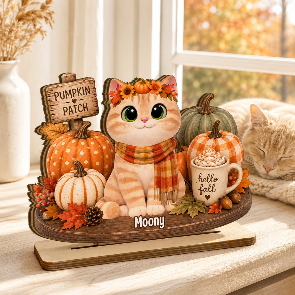 Personalized 2-Layer Wooden Plaque, Sitting Cat in Pumpkin Patch, Unique Fall Gift for Cat Lovers