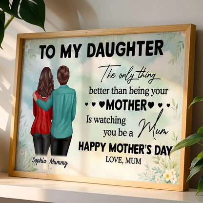 Personalized Mother's Day Message Poster with Mom and Daughter Hugging Illustration, Floral Wall Art, Unique Gift for Daughter