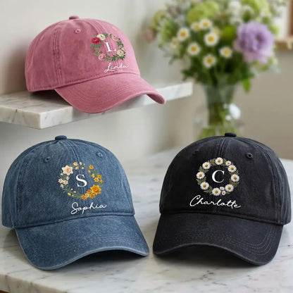 Washed Denim Baseball Cap With Custom Floral Design - Relaxed Everyday Gift For Mom Or Friend