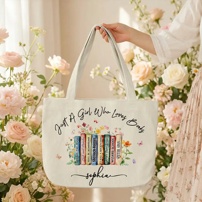 Personalized Corduroy Tote Bag, Book Lover Art in a Sunlit Living Room, Unique Gift for Her