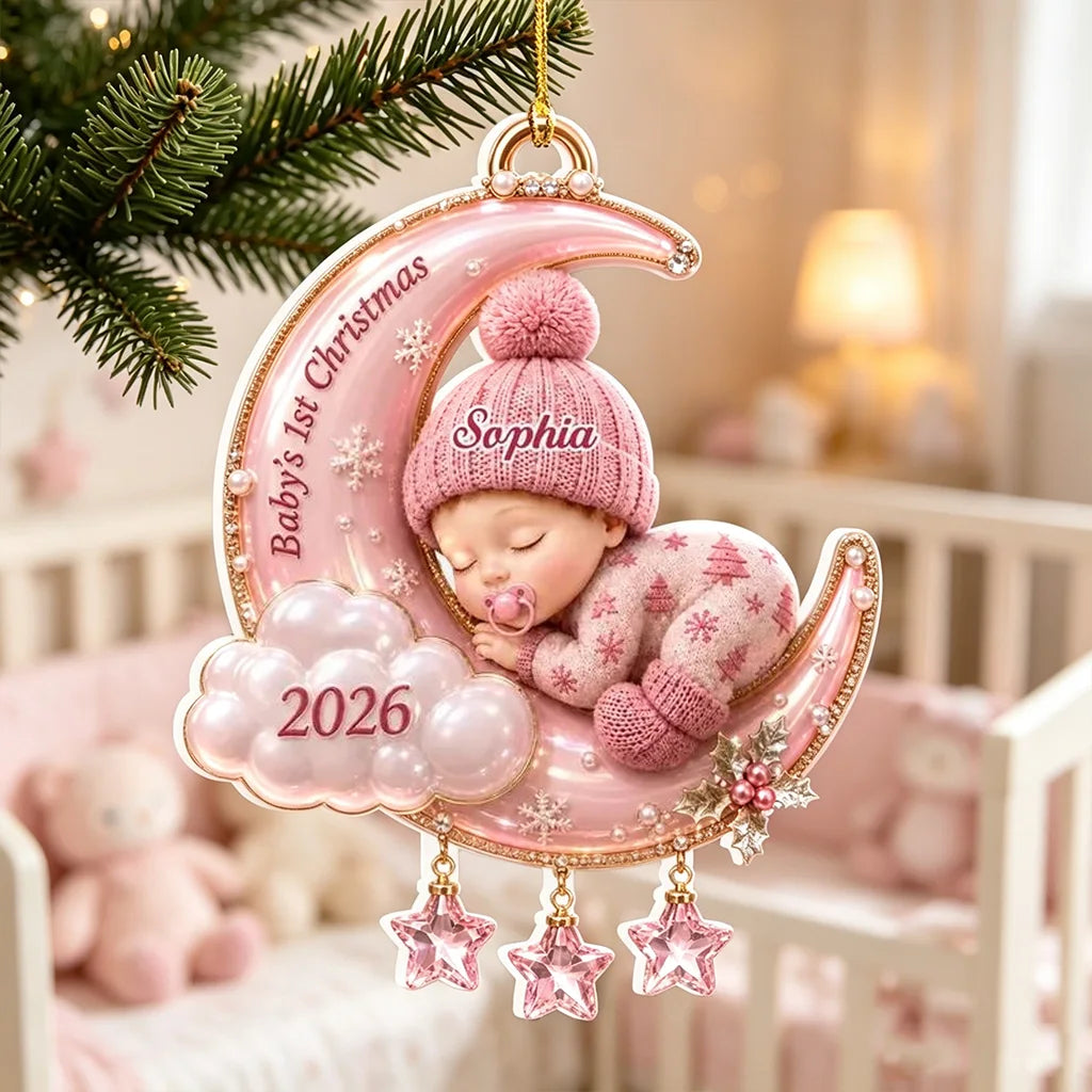 Personalized Acrylic Ornament, Sleeping Baby on Pink Moon, Christmas Tree Keepsake, Unique Gift for New Parents