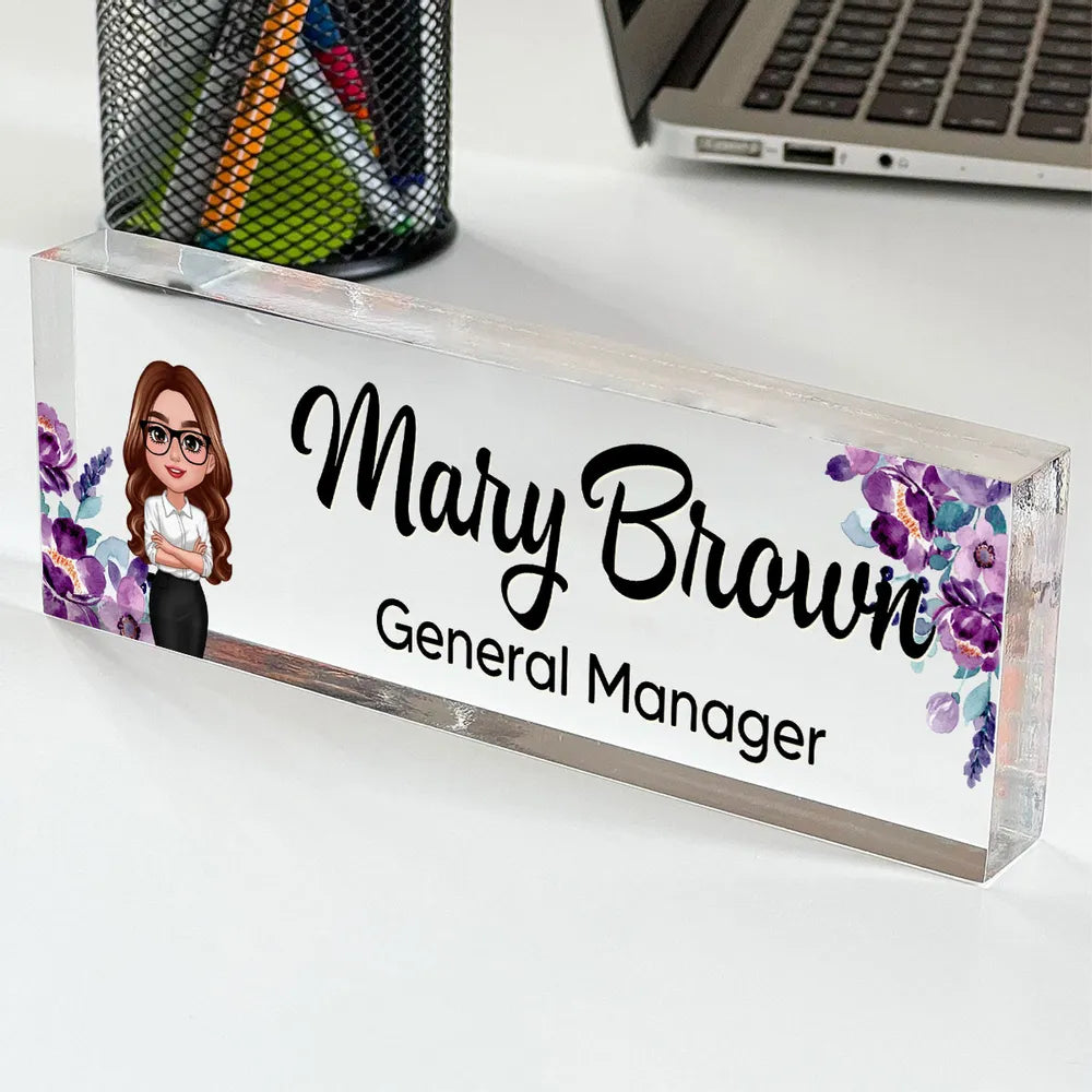 Personalized Rectangle Acrylic Block Plaque with Daisy Office Character, Unique Desk Decor Gift for Coworker or Boss