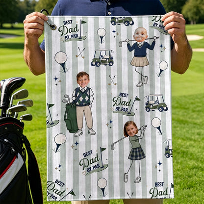 Custom Waffle Weave Golf Towel with Family Golf Art, Creative Gift for Dad's Golf Bag