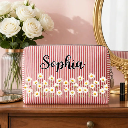 Personalized Stripes Makeup Bag with Daisy Design, Unique Gift for Beauty Lover and Travel Storage