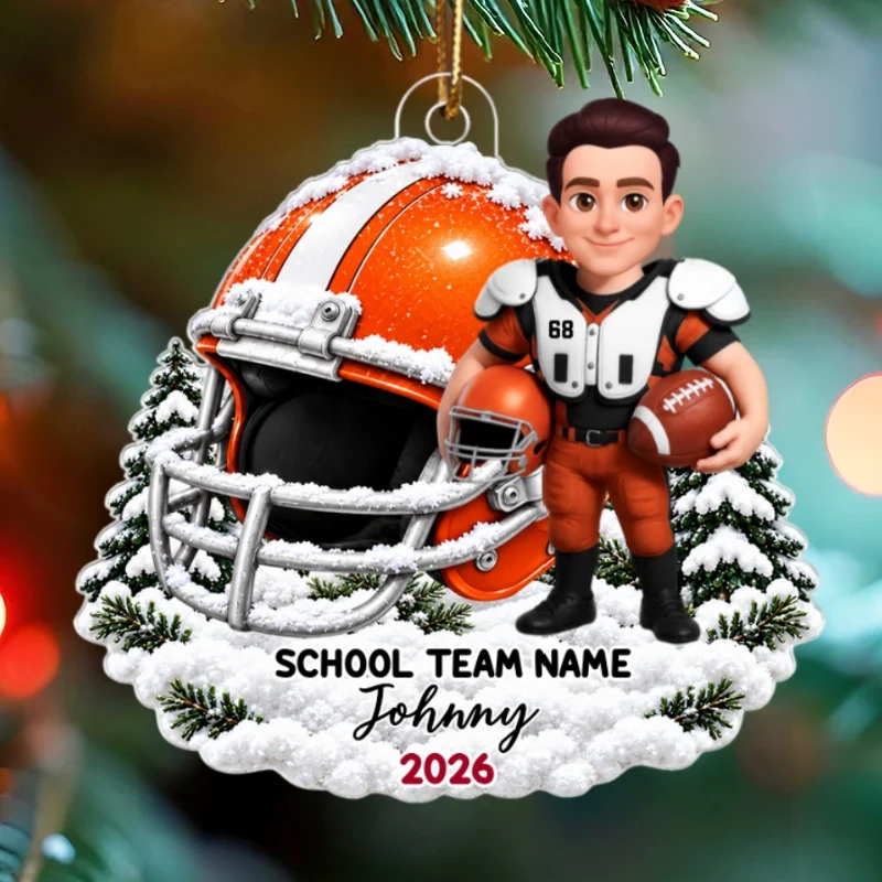 Personalized Acrylic Ornament, Snowy Football Player Scene, Unique Keepsake Gift for Son or Grandson