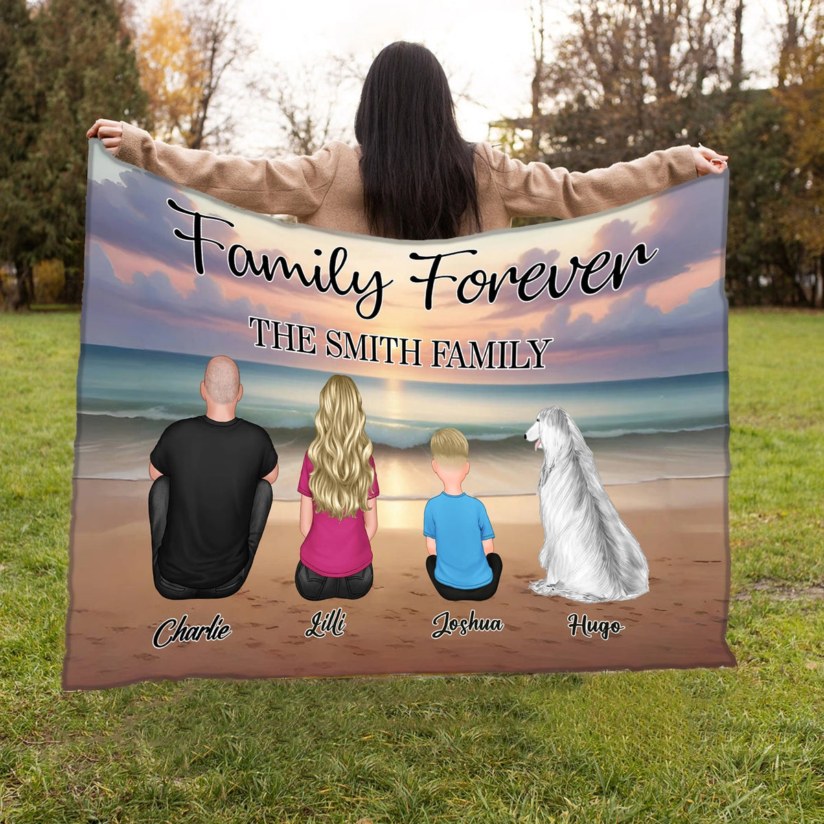 Family Forever Beach Design - Personalized Wallet Card, Blanket, Cotton Tote Bag, Wooden Carhanger, LED Plaque, Keychain and Poster, Unique Gift