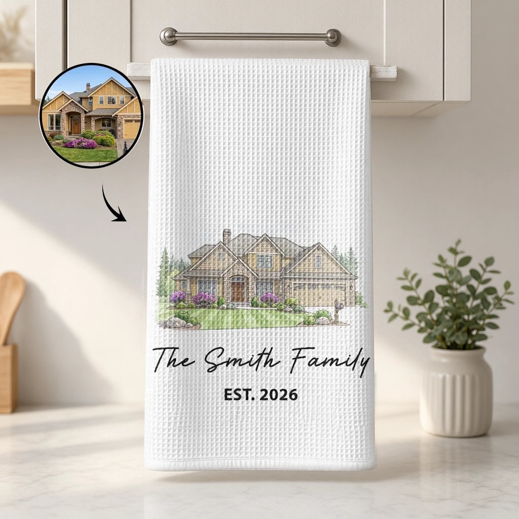 Personalized Kitchen Towel With Custom Home Illustration, Unique Creative Housewarming Gift For Couples