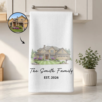 Personalized Kitchen Towel With Custom Home Illustration, Unique Creative Housewarming Gift For Couples