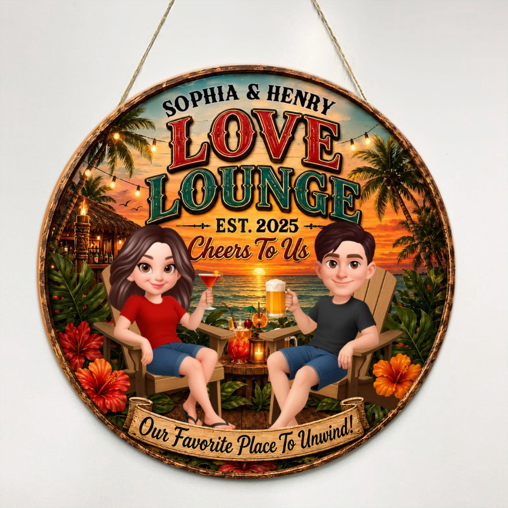 Personalized Wooden Sign, Couple Holding Drinks at Sunset Lounge, Unique Gift for Partners