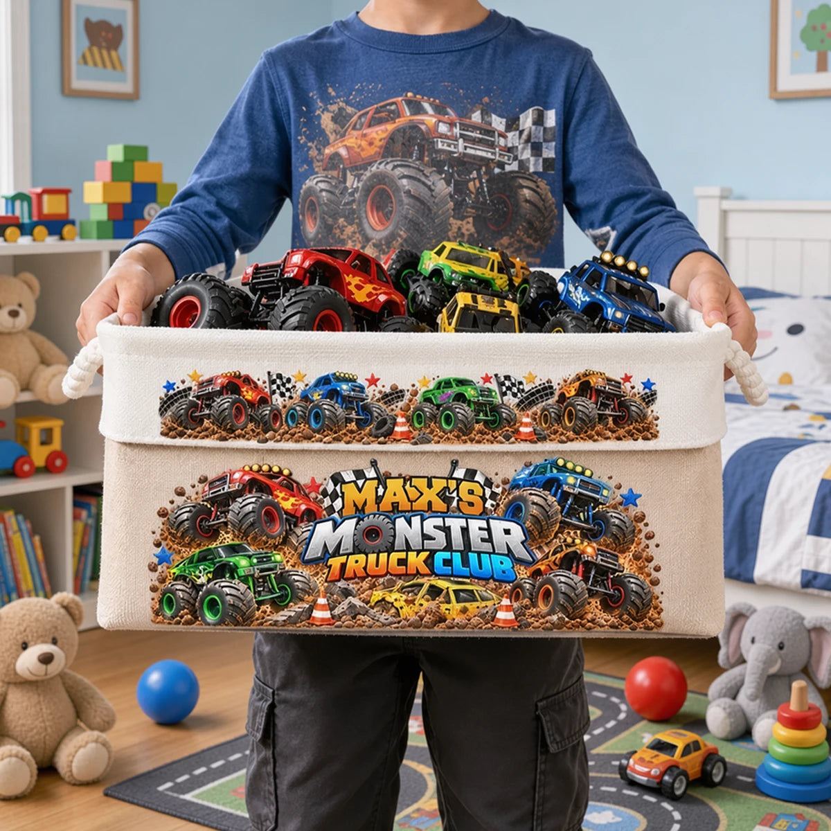 Personalized Monster Truck Cotton Linen Rope Basket, Playroom Toy Storage, Unique Gift for Kids