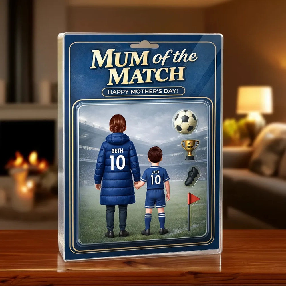 Personalized Rectangle Acrylic Block Plaque Mum of the Match Soccer Mom and Kid Holding Hands Stadium Scene Unique Mother's Day Gift