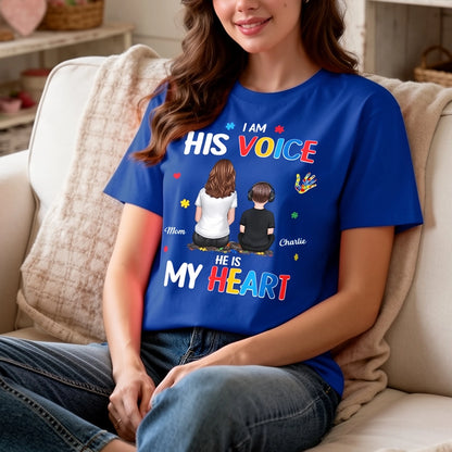 Personalized Classic Tee I Am His Voice He Is My Heart Autism Puzzle Mom and Son Back View Unique Gift