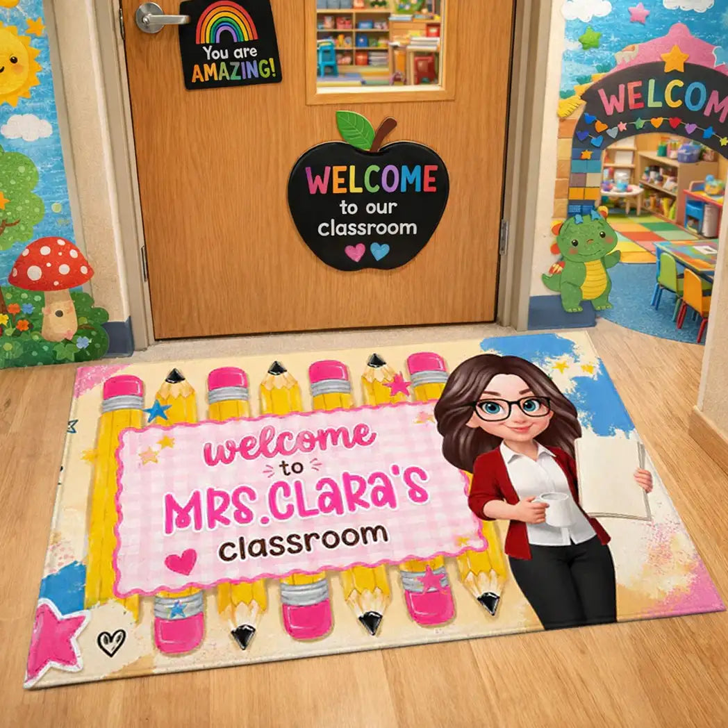 Personalized Standard Doormat With Pastel Pencils & Cartoon Teacher, Creative Gift For Classroom Entry