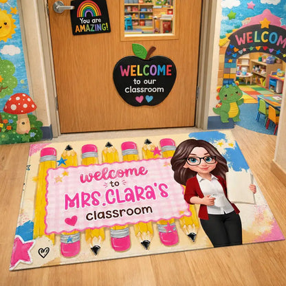 Personalized Standard Doormat With Pastel Pencils & Cartoon Teacher, Creative Gift For Classroom Entry