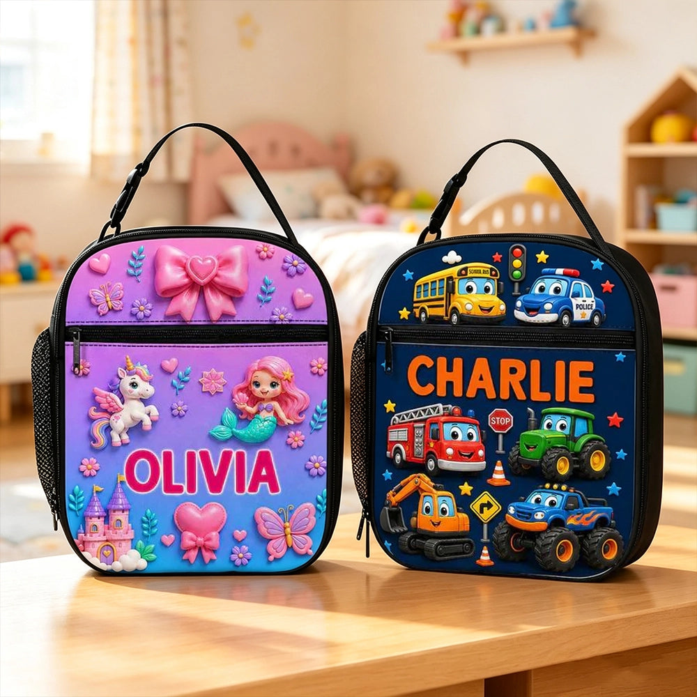 Personalized Kids Lunch Bag With Cute Unicorn & Vehicle Art, Unique Colorful School Gift for Kids