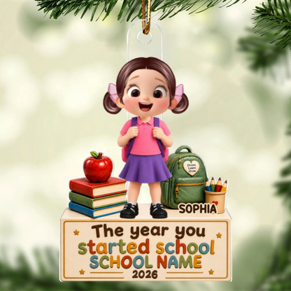 Personalized School Year Acrylic Ornament, Smiling Child with Books and Apple, Creative Gift for Proud Parents
