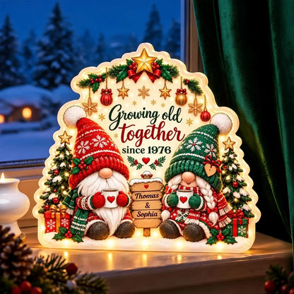 Personalized Acrylic Light Box, Gnome Couple Holding Mugs in a Snowy Christmas Scene, Unique Gift for Couples