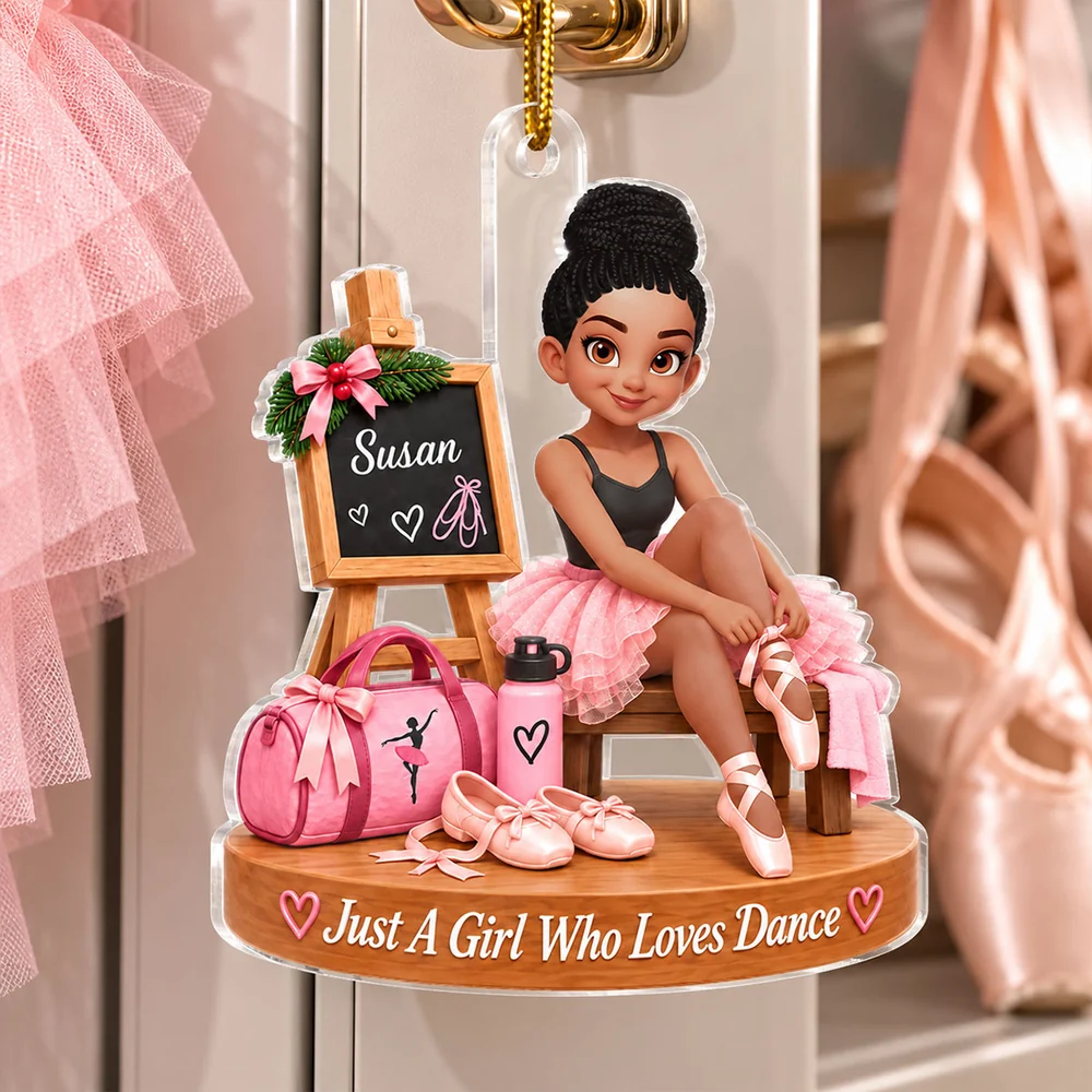 Personalized Acrylic Ornament, Pink Cartoon Ballerina Tying Pointe Shoe, Unique Christmas Gift for Daughter