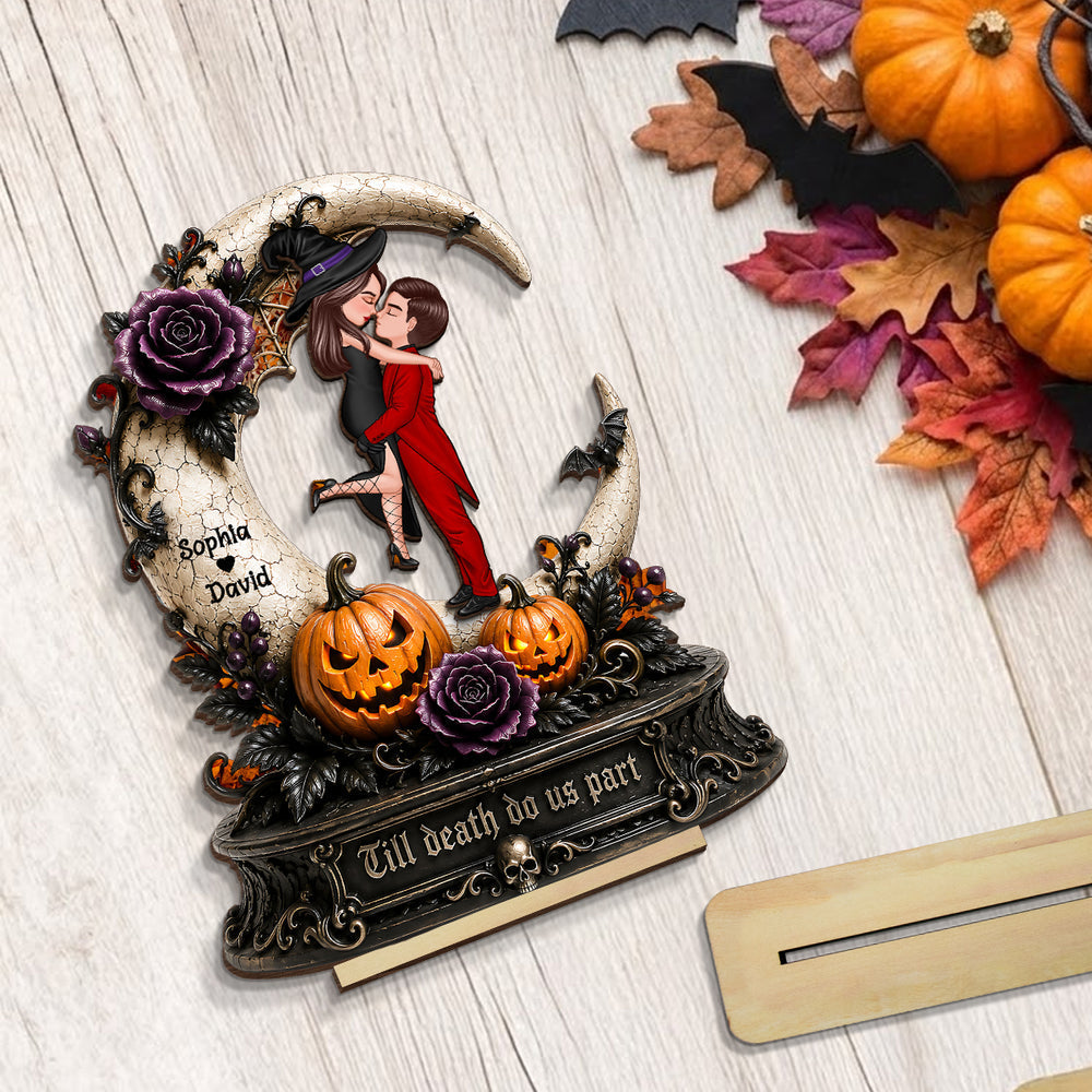 2-Layer Wooden Plaque with Spooky Couple & Pumpkins, Custom Romantic Keepsake, Creative Gift for a Couple