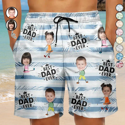 Best Dad Grandpa Ever Personalized Men's Beach Shorts, Custom Photo Gift for Dad with Playful Kid Cartoon Print