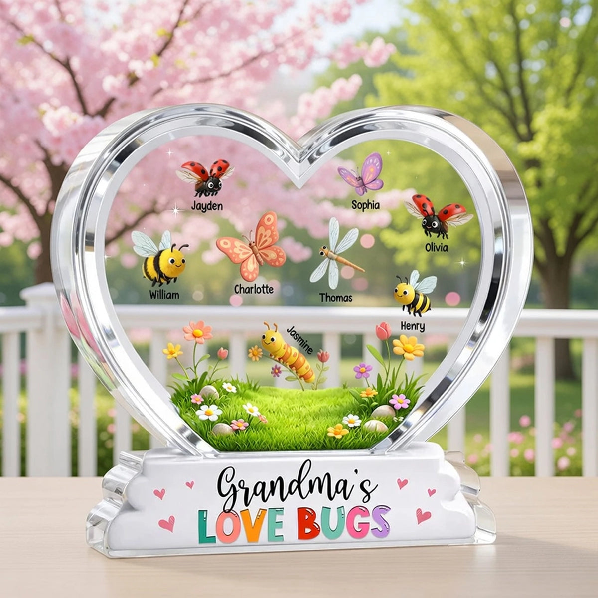 Shaped Acrylic Block Plaque Personalized Grandma's Love Bugs Heart Display, Sweet Keepsake Gift for Mom or Grandma