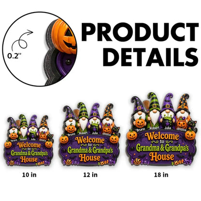 Personalized Wooden Sign With Halloween Gnomes & Pumpkins, Custom Door Decor, Unique Gift for Grandparents