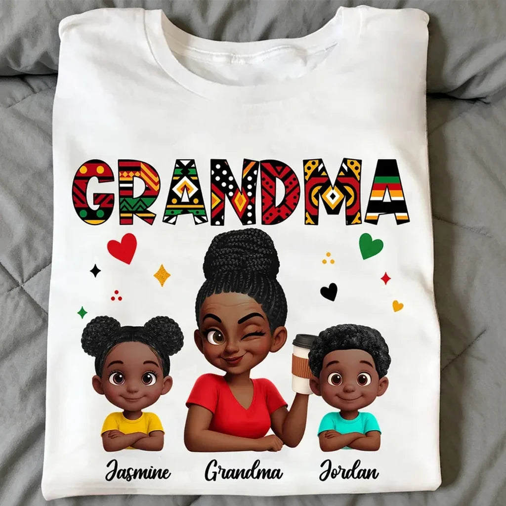 Personalized Classic Tee, Grandma Holding Coffee with Grandkids, Colorful Tribal Pattern, Unique Gift for Grandma