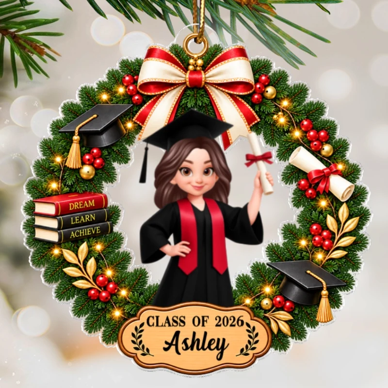 Personalized Acrylic Ornament, Graduate Holding Diploma in Red and Green Christmas Wreath, Creative Keepsake Gift