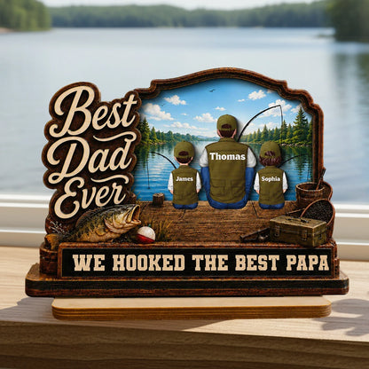 Best Dad Ever 2-Layer Wooden Plaque, Custom Fishing Lake Scene, Creative Gift for Papa