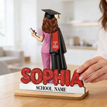Custom 2-Layer Wooden Plaque Graduation Keepsake, Nurse Cap and Diploma Scene, Heartfelt Gift for Daughter or Son