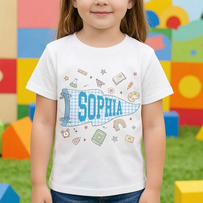 Personalized Youth Tee With Blue School Pennant, Back To School Style, Unique Gift For Kids