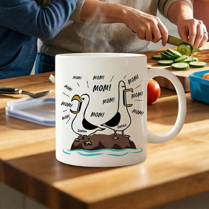 Mom Mom Mom Seagull Cartoon Ceramic Mug, Personalized Name Funny Daily Coffee and Tea Mug, Unique Gift for Mom