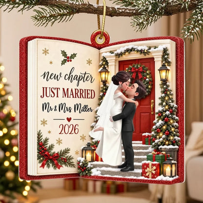 Personalized Acrylic Ornament, Kissing Newlyweds at a Snowy Door, Unique Christmas Gift for a Couple