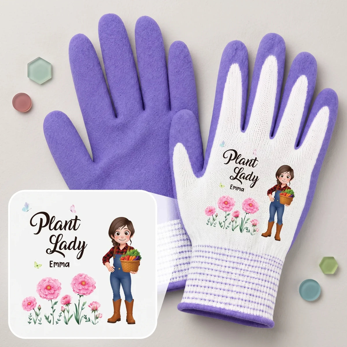 Personalized Plant Lady Gardening Gloves, Cartoon Gardener Holding a Basket, Unique Creative Gift for Garden Lovers