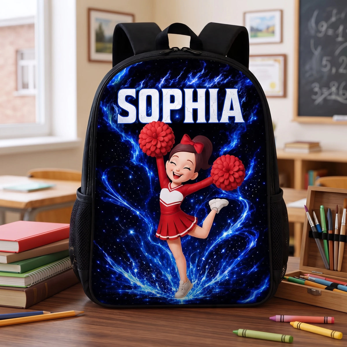 Kids School Backpack, Personalized Red Cheerleader Jumping in a Blue Cosmic Classroom, Creative Back to School Gift for Girls