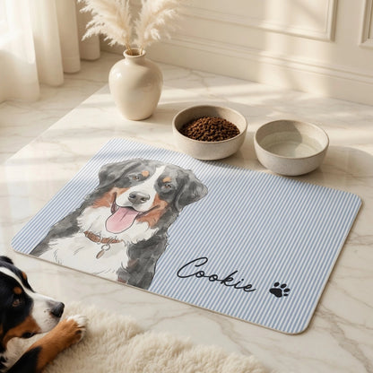 Custom Flannel Pet Mat with Watercolor Portrait for a Pet by Feeding Bowls, Creative Gift for Pet Owners
