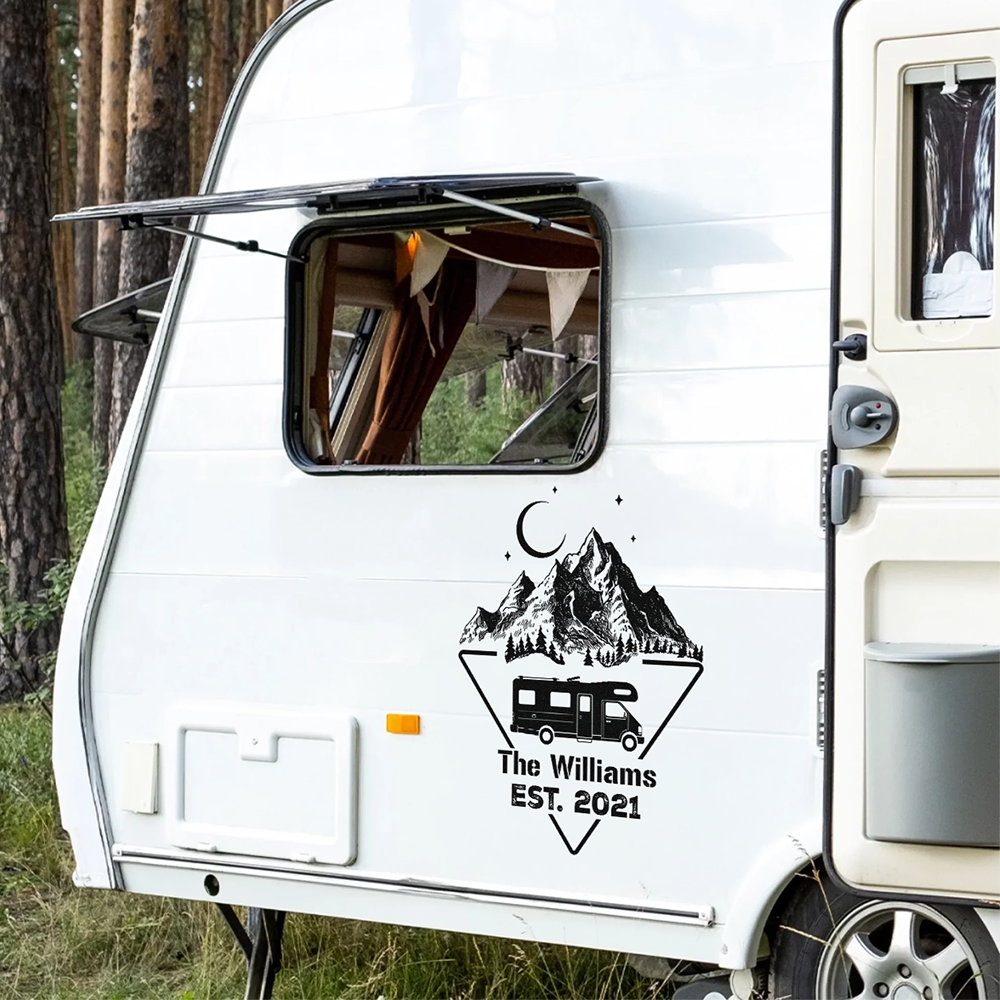 Personalized RV Sticker Decal, Mountain Adventure Keepsake, Creative Gift for Camping Lovers