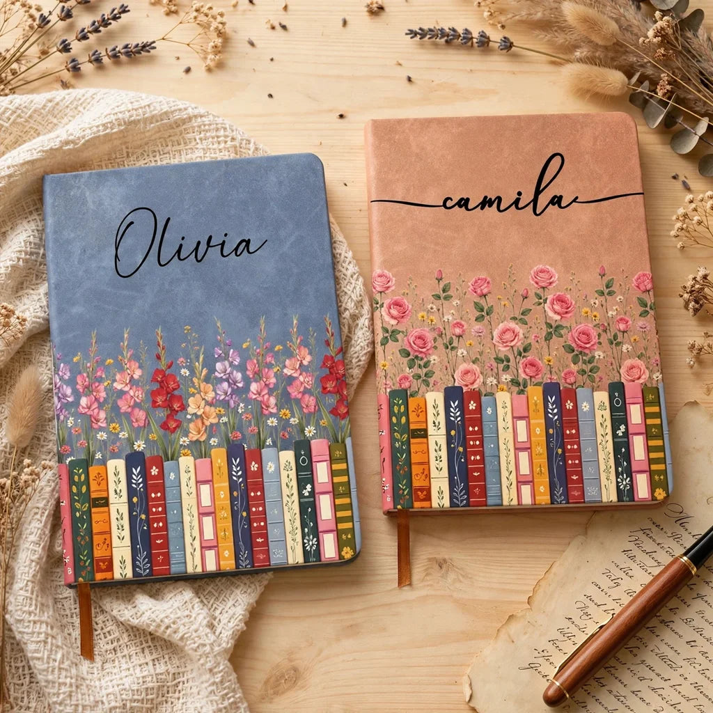 Personalized Leather Journal with Stacked Books, Wildflowers and Script Style, Unique Gift for Book Lovers