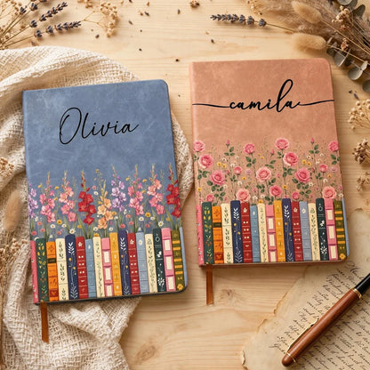 Personalized Leather Journal with Stacked Books, Wildflowers and Script Style, Unique Gift for Book Lovers