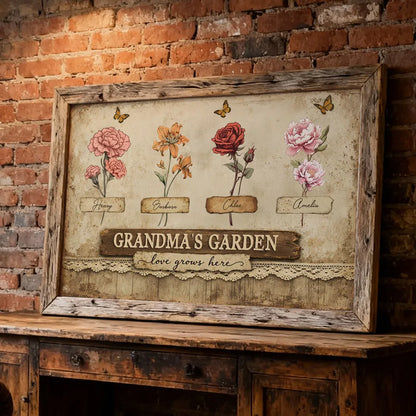 Personalized Grandma's Garden Poster, Vintage Floral Butterflies Wall Art, Unique Gift for Grandma or Mom