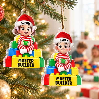 Personalized Acrylic Ornament, Little Master Builder by a Christmas Tree, Creative Gift for Son or Grandson